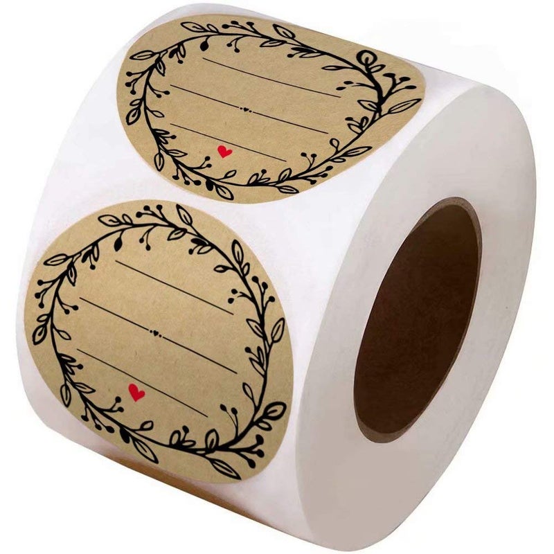 BATTOO 2 Inch Wreath Design with 3 Lines for Writing (500 Labels per roll) Natural Brown Kraft Stickers for Canning Labels Jar, Store Owners, Crafts, Organizing, Gift, Price Tags, Weddings, Baby Showers - Image 2